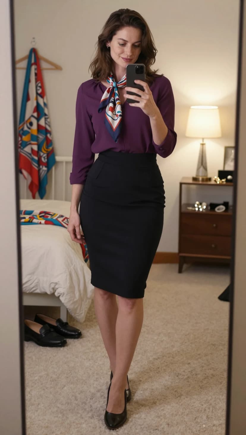 Purple Silk Blouse + Black Pencil Skirt + Black Heels