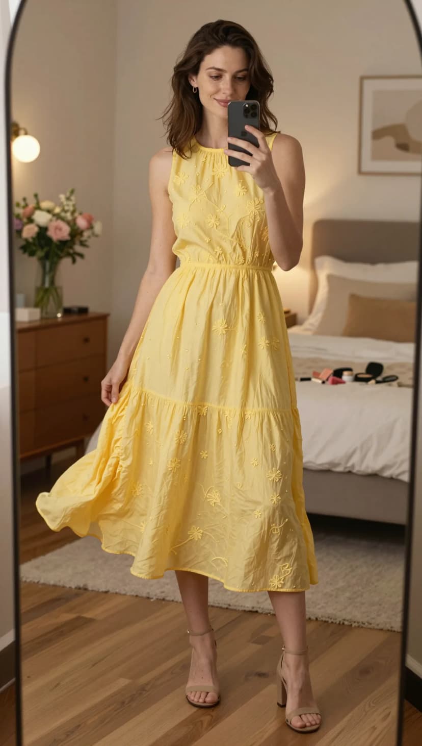 Yellow Embroidered Cotton Dress + Beige Strappy Heels