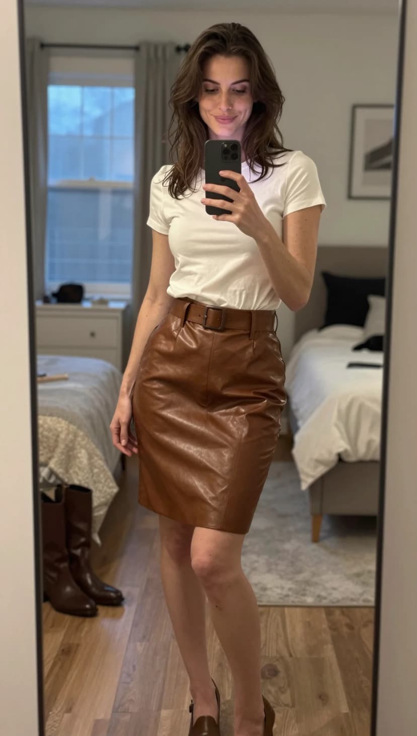 White Cotton T-Shirt + Brown Leather Pencil Skirt + Brown Leather Heels