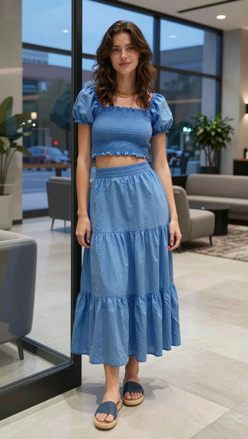 Blue Smocked Crop Top + Blue Tiered Maxi Skirt