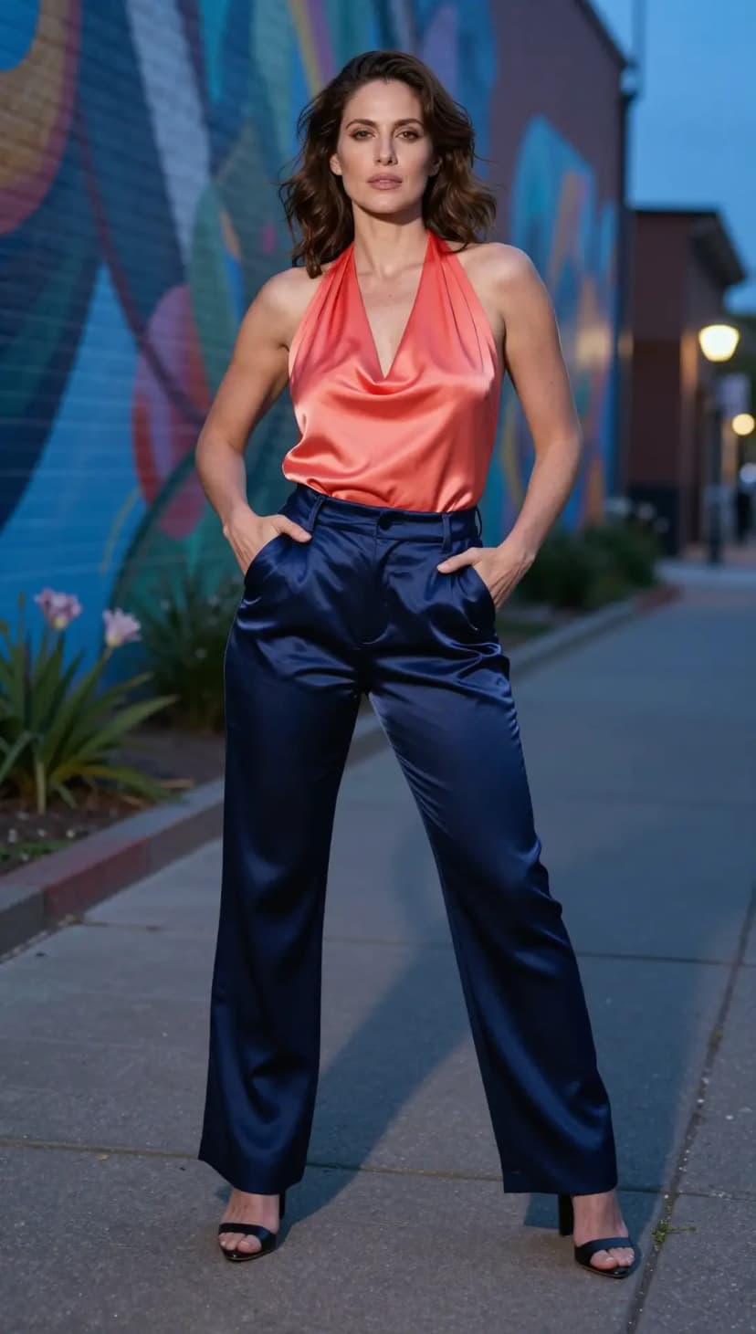 Coral Satin Halter Top + Navy Satin Wide-Leg Trousers + Black Strappy Heels