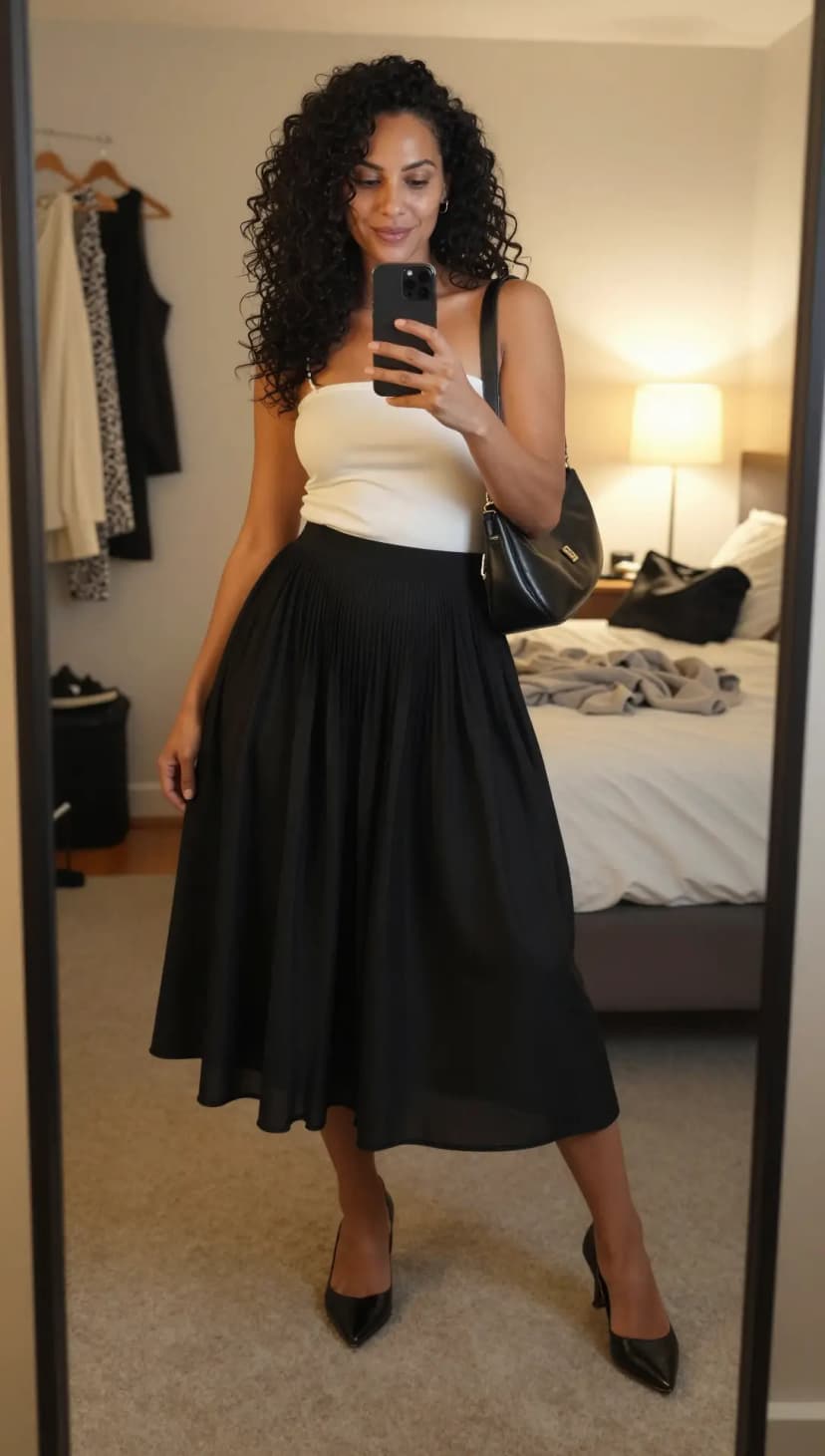 White Ribbed Tank Top + Black Pleated Midi Skirt + Black Pointed-Toe Heels