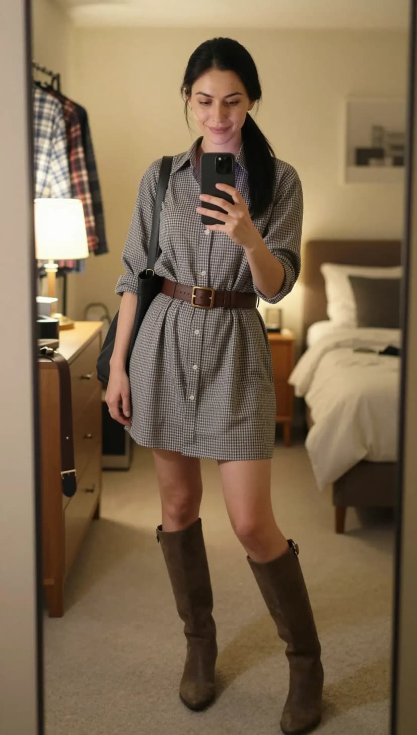 Grey Gingham Button-Down Shirt Dress + Brown Leather Belt + Taupe Suede Knee-High Boots