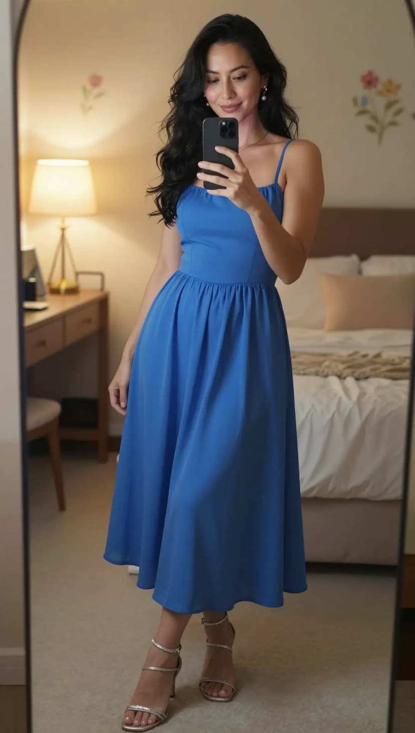 Cobalt Blue Linen Midi Dress + Silver Strappy Heels