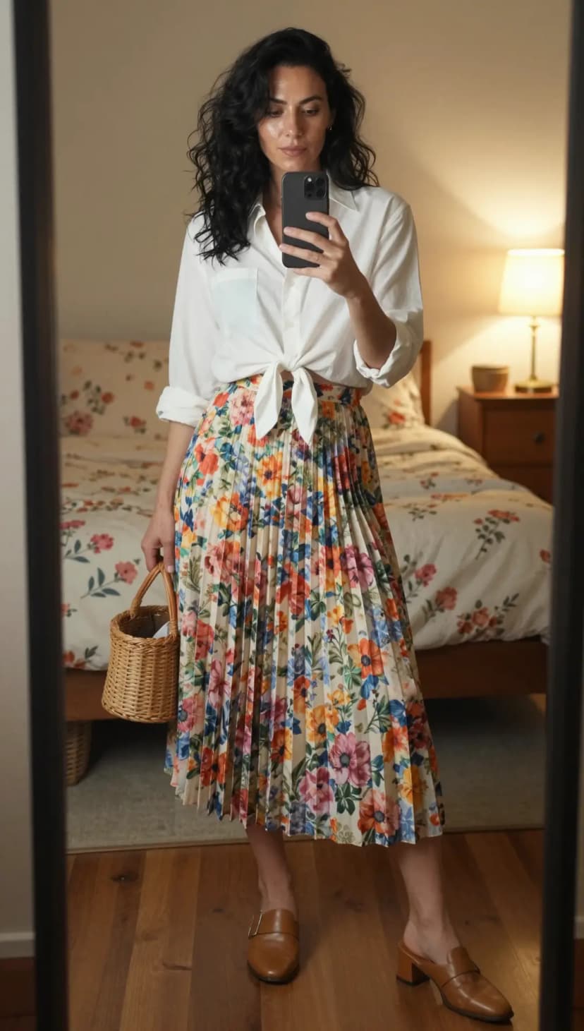 White Button-Up Shirt + Floral Pleated Midi Skirt + Brown Leather Mules