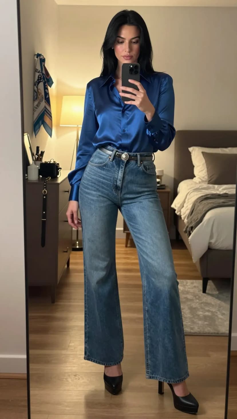 Royal Blue Satin Button-Up Shirt + Mid Wash Wide-Leg Jeans + Black Pointed-Toe Platform Heels