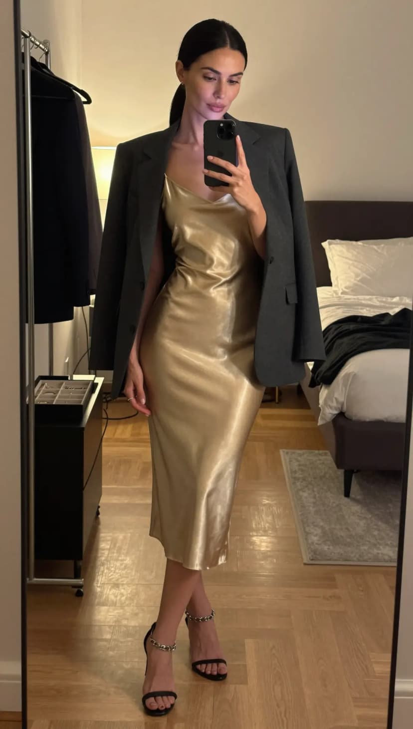 Gold Satin Slip Dress + Charcoal Wool Blazer + Black Strappy Heels