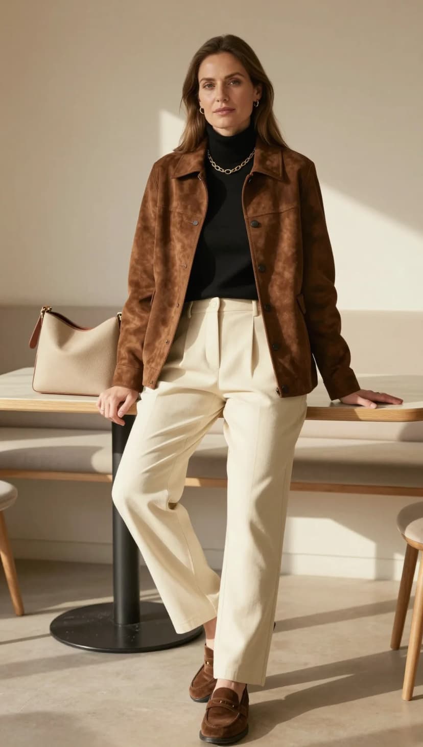 Brown Suede Cropped Jacket + Black Mock Neck Top + Cream Pleated Trousers + Brown Suede Loafers