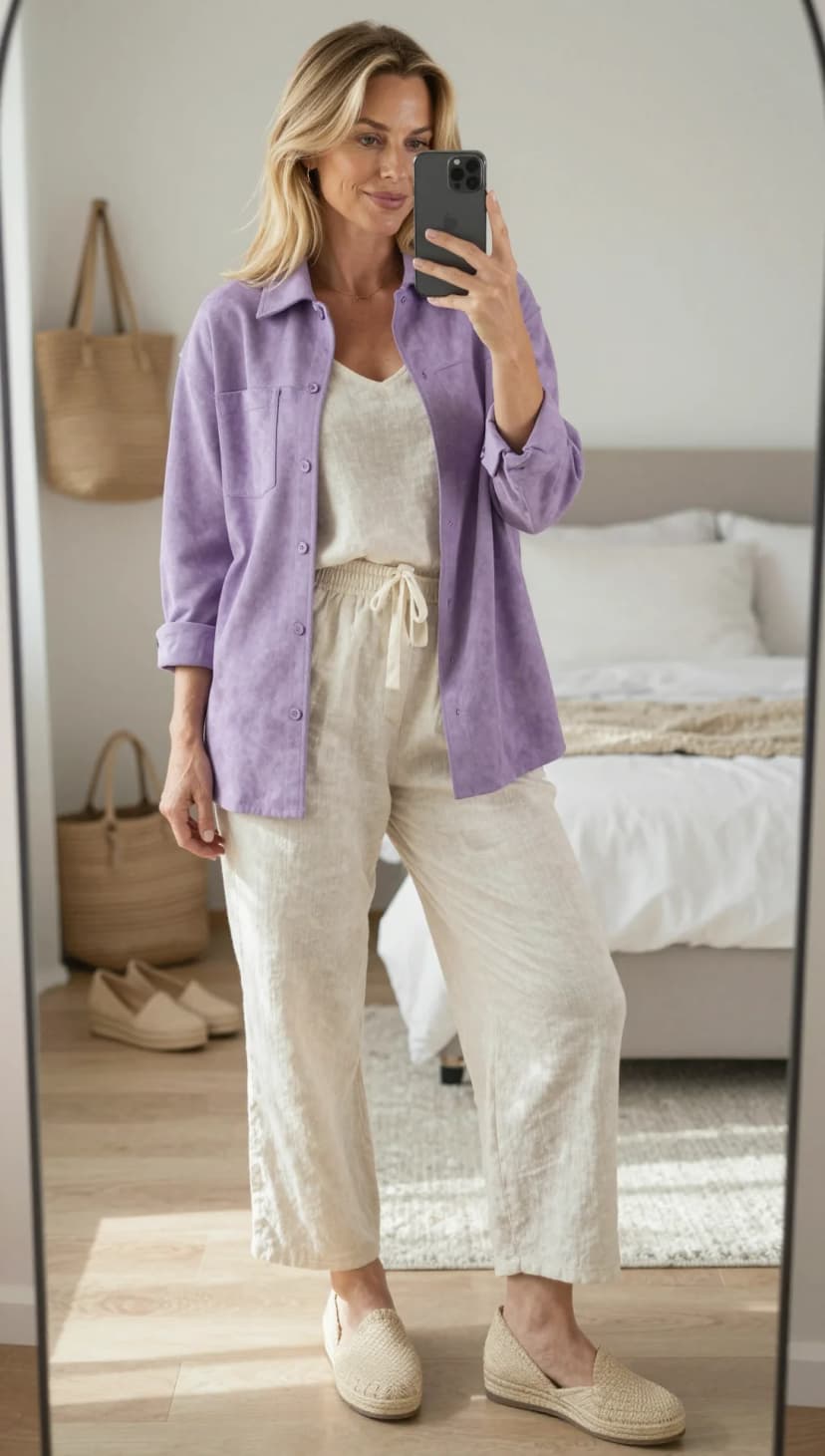 Purple Suede Shirt Jacket + Cream Linen Camisole + Cream Linen Cropped Trousers + Natural Espadrille Flats