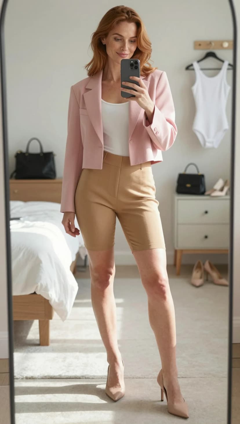Pink Cropped Blazer + White Tank Top + Camel Tailored Shorts + Nude Pumps