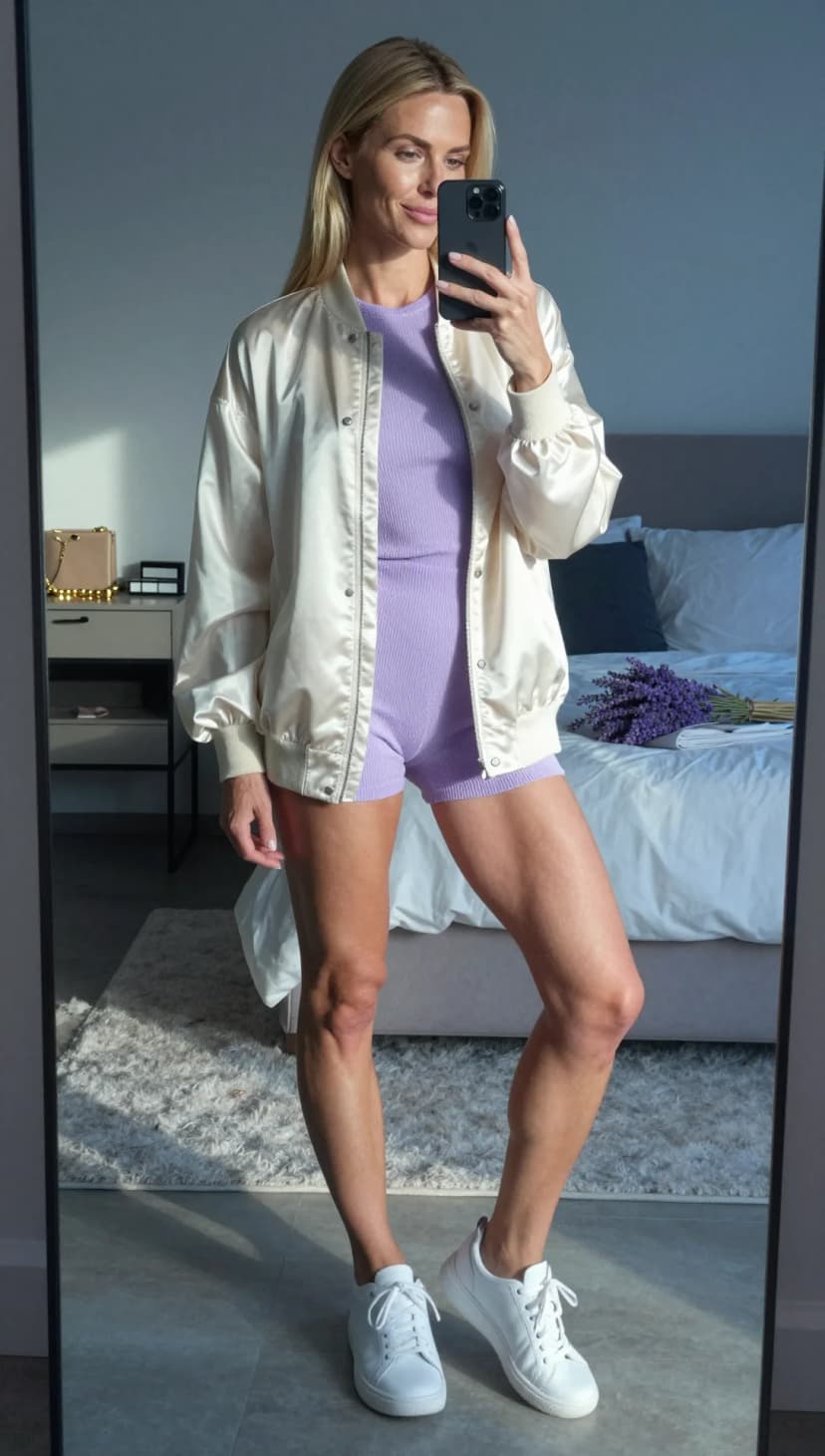Cream Satin Bomber Jacket + Lilac Ribbed Knit Bodysuit + Lilac Ribbed Knit Shorts + White Leather Sneakers