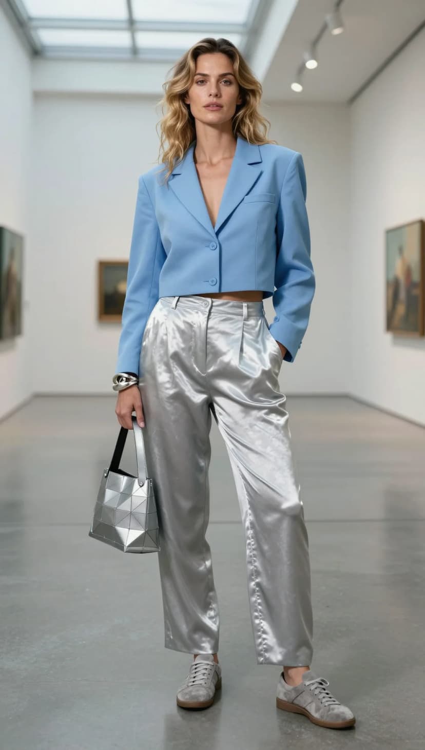 Sky Blue Cropped Blazer + Silver Satin Wide-Leg Trousers + Grey Suede Sneakers