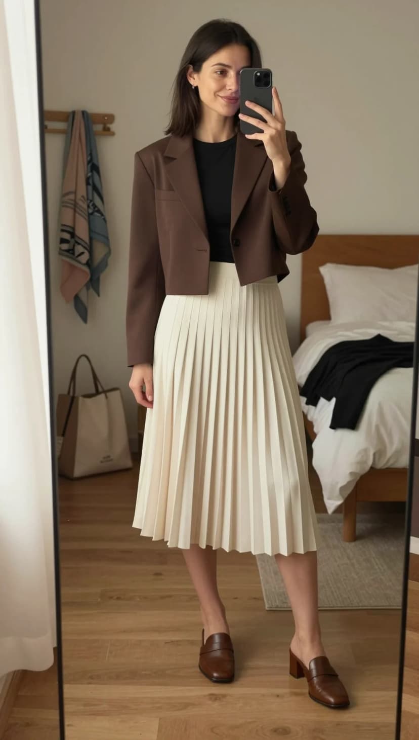 Brown Cropped Blazer + Black Fitted Top + Cream Pleated Midi Skirt + Brown Leather Mules