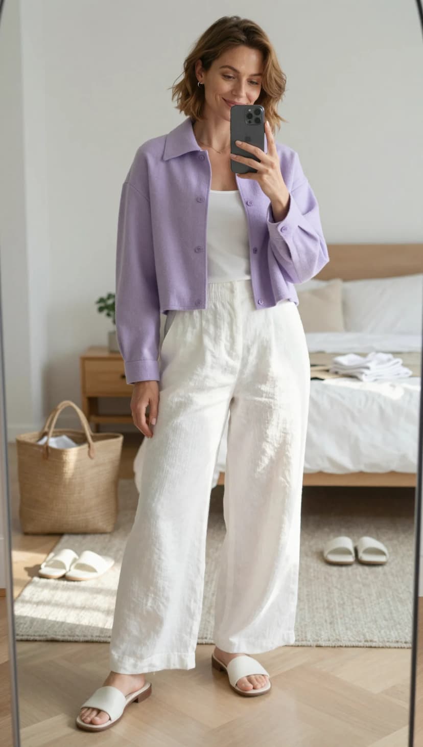 Lavender Wool Cropped Jacket + White Linen Wide-Leg Trousers + White Leather Slides