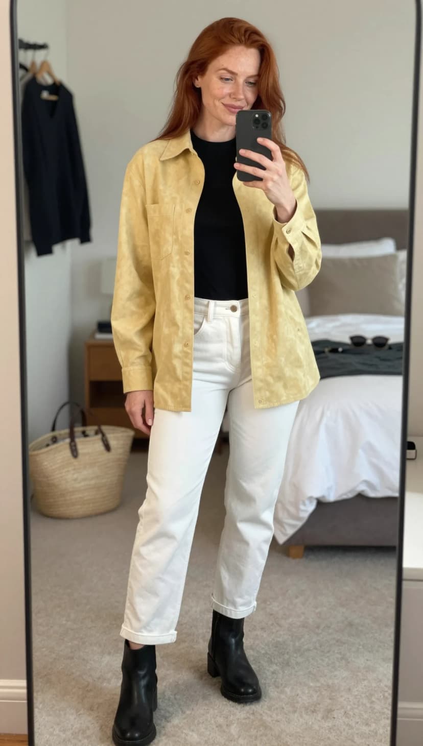 Yellow Suede Button-Up Shirt + Black Ribbed Turtleneck Top + White Straight-Leg Jeans + Black Leather Ankle Boots