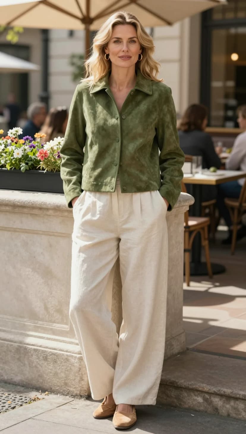 Olive Suede Cropped Jacket + Cream Linen Wide-Leg Trousers + Tan Suede Loafers