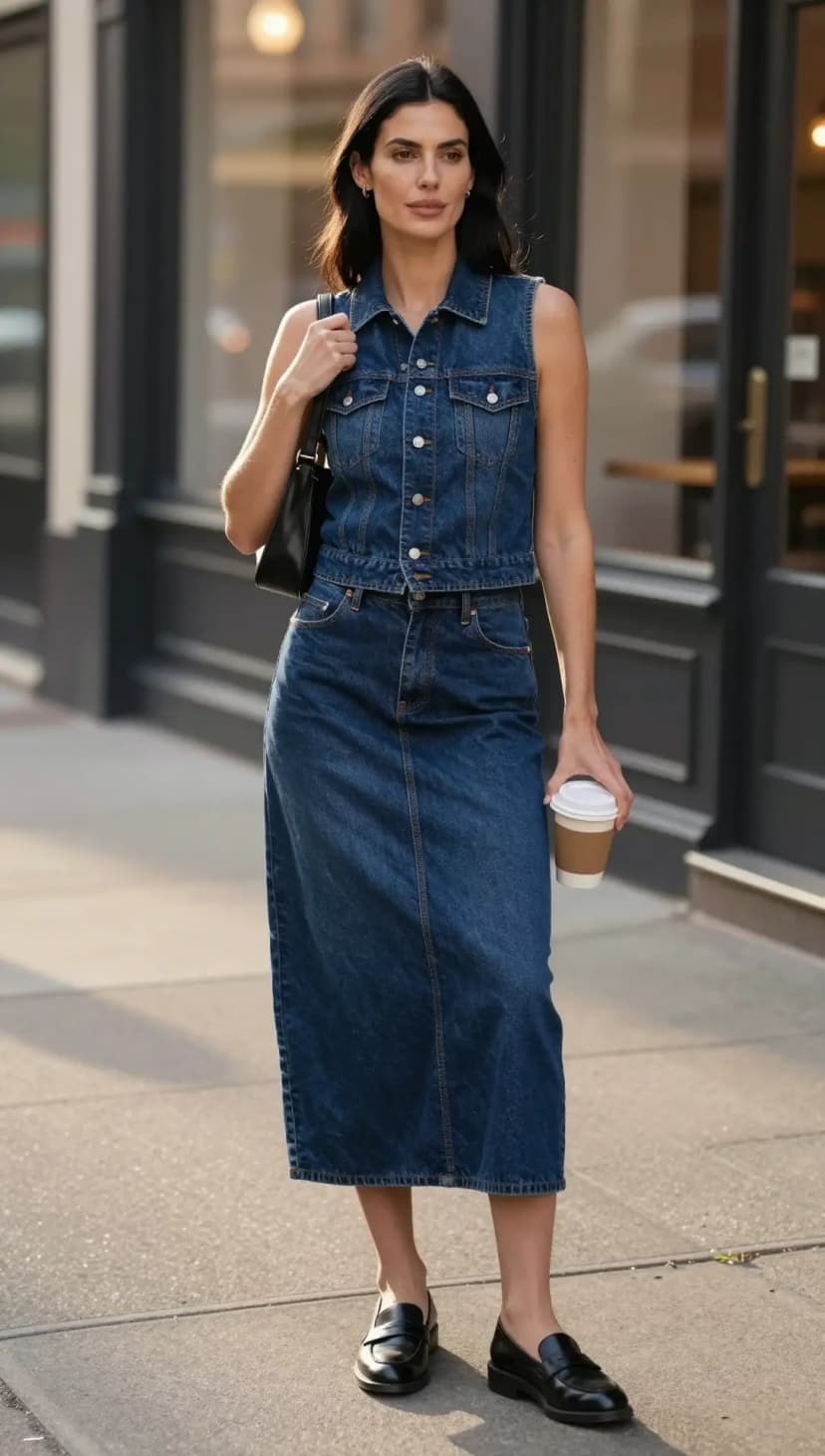 Blue Denim Vest + Blue Denim Midi Skirt