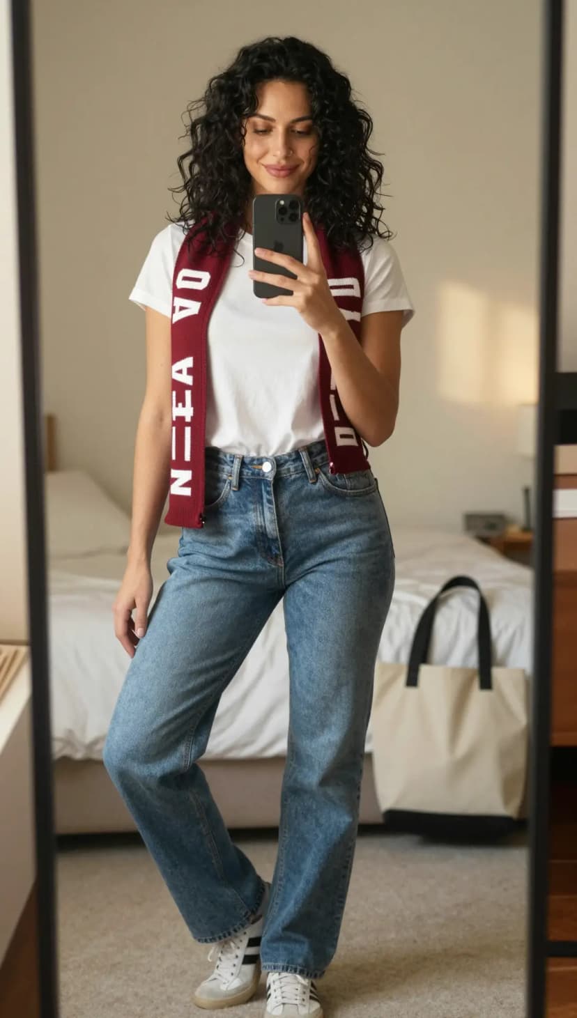 White Cotton T-Shirt + Light Wash Denim Jeans + Burgundy Knit Scarf