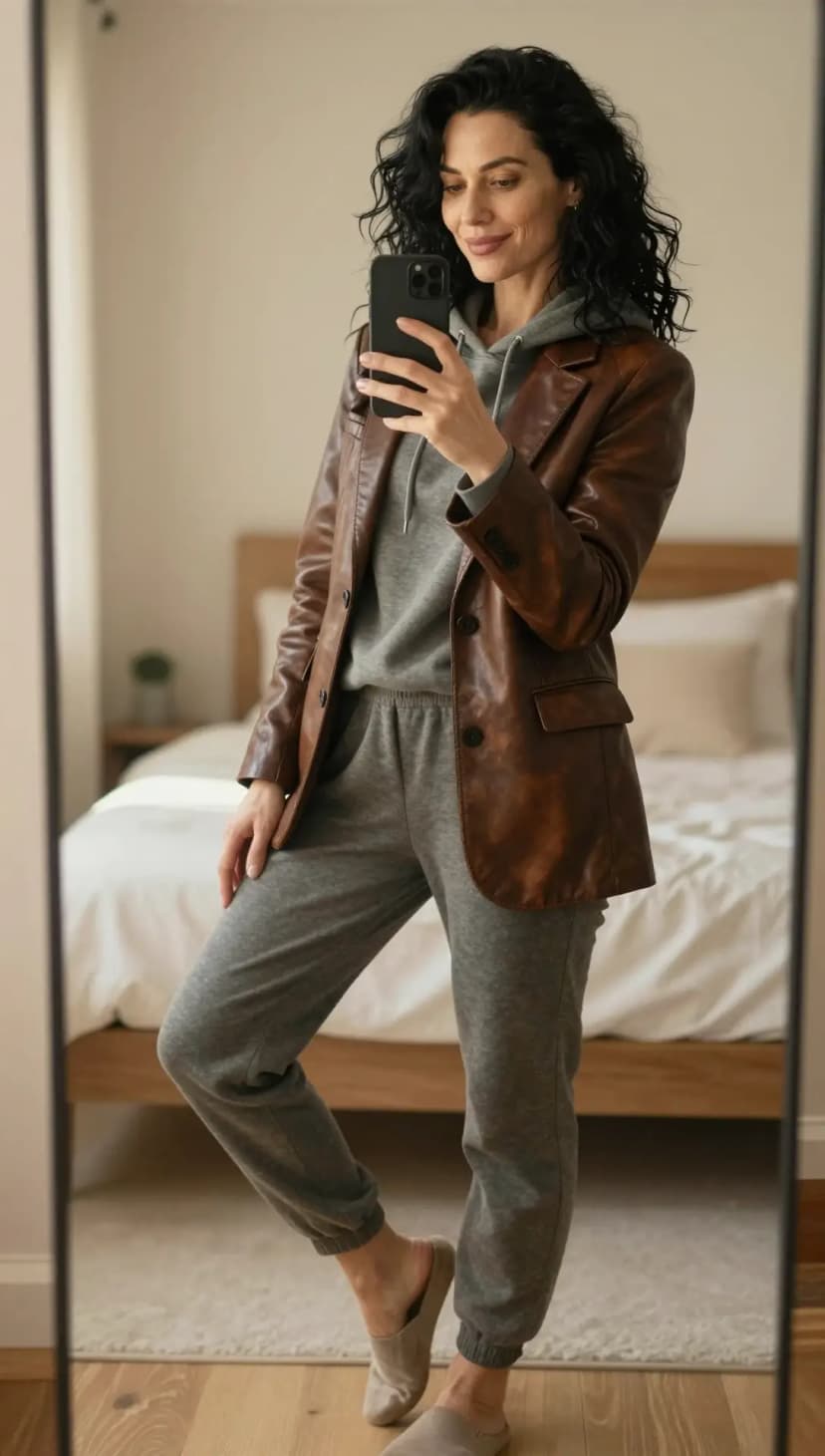 Brown Faux Leather Blazer + Grey Cotton Hoodie + Grey Cotton Joggers