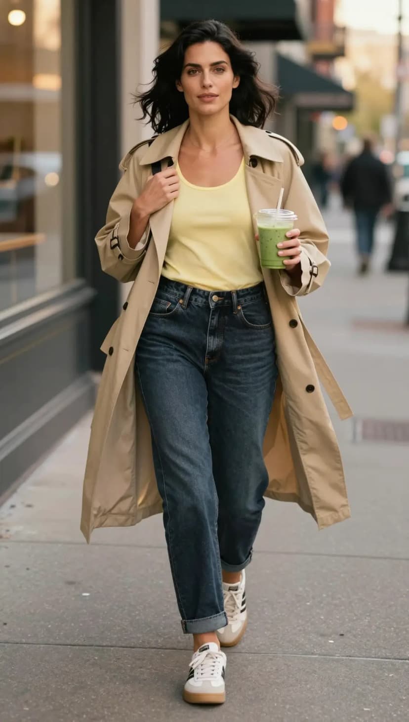 Yellow Cotton Tank + Blue Denim Jeans + Beige Cotton Trench Coat