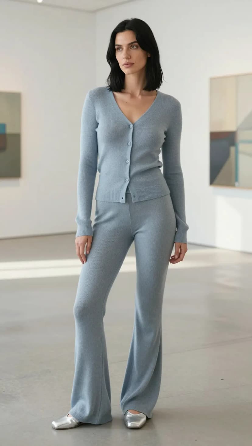 Sky Blue Ribbed Knit Cardigan + Sky Blue Ribbed Knit Flare Pants