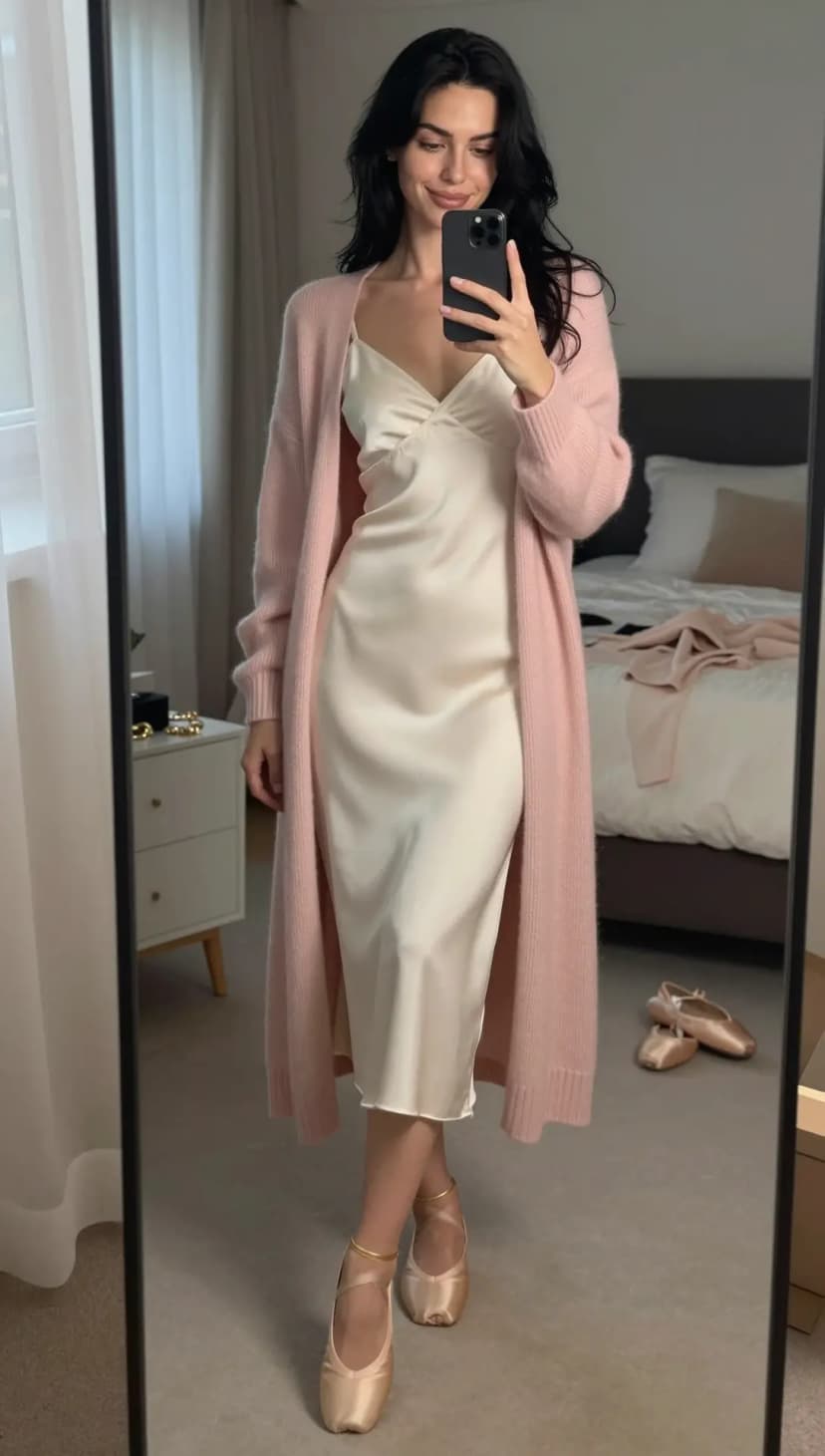 Cream Satin Slip Dress + Pink Knit Duster Cardigan + Nude Satin Ballet Flats