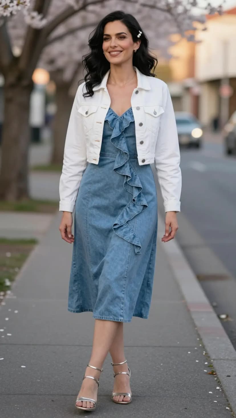 Blue Denim Ruffle Midi Dress + White Denim Cropped Jacket