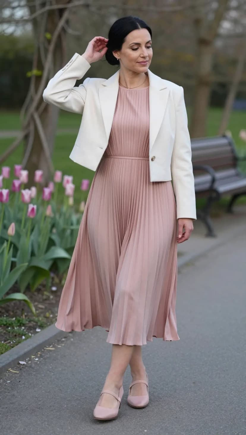 Cream Linen Cropped Blazer + Dusty Rose Pleated Midi Dress + Dusty Rose Satin Mary Janes