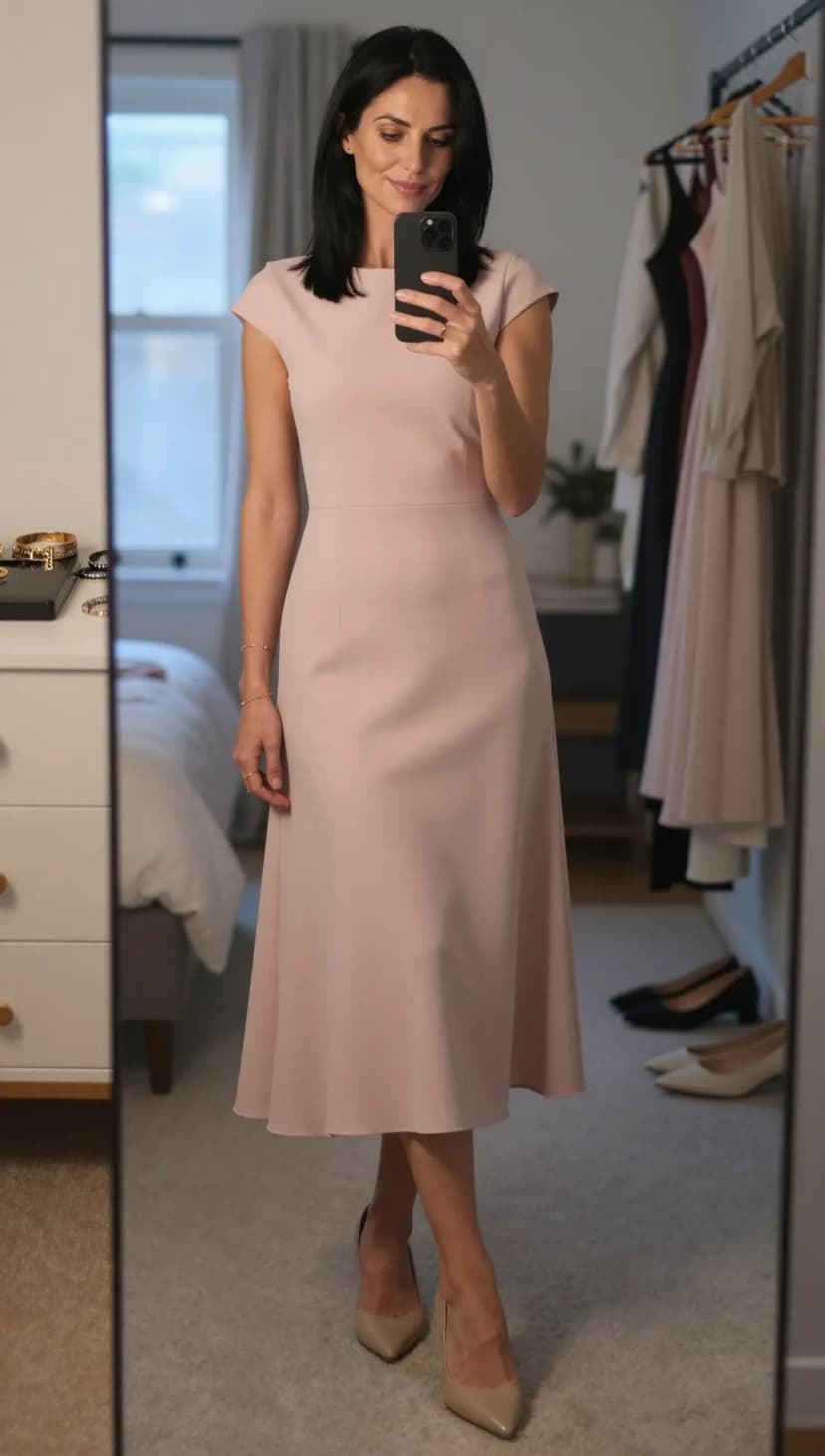 Pink Midi Sheath Dress + Nude Pointed-Toe Heels