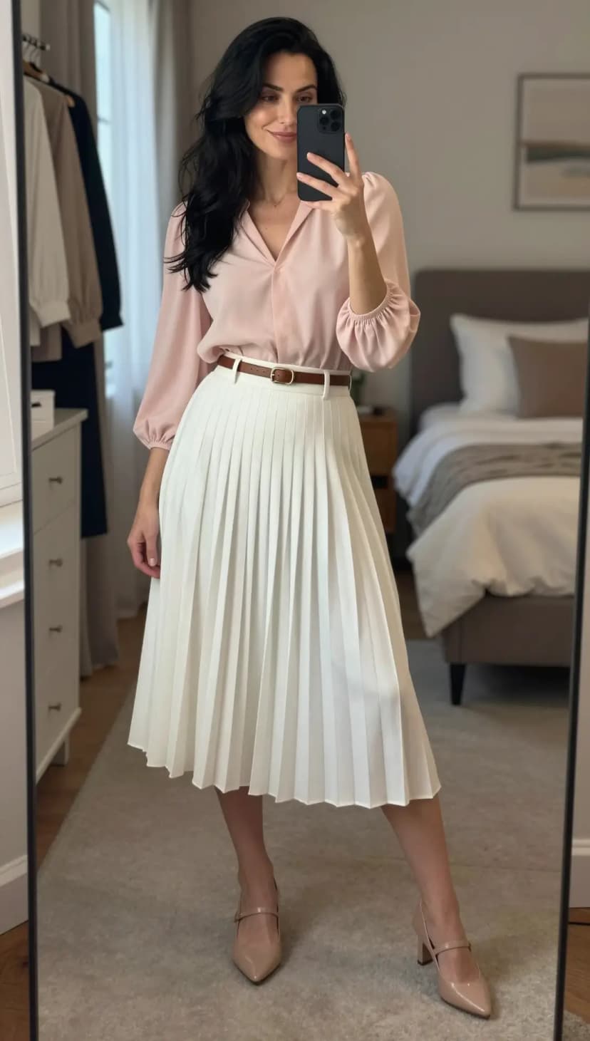 Pink Chiffon Blouse + White Pleated Midi Skirt + Brown Leather Belt + Nude Patent Mary Janes