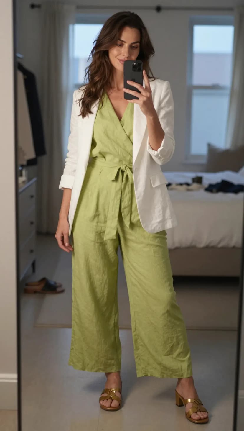 Lime Linen Wrap Jumpsuit + White Linen Blazer + Gold Metallic Block Heels