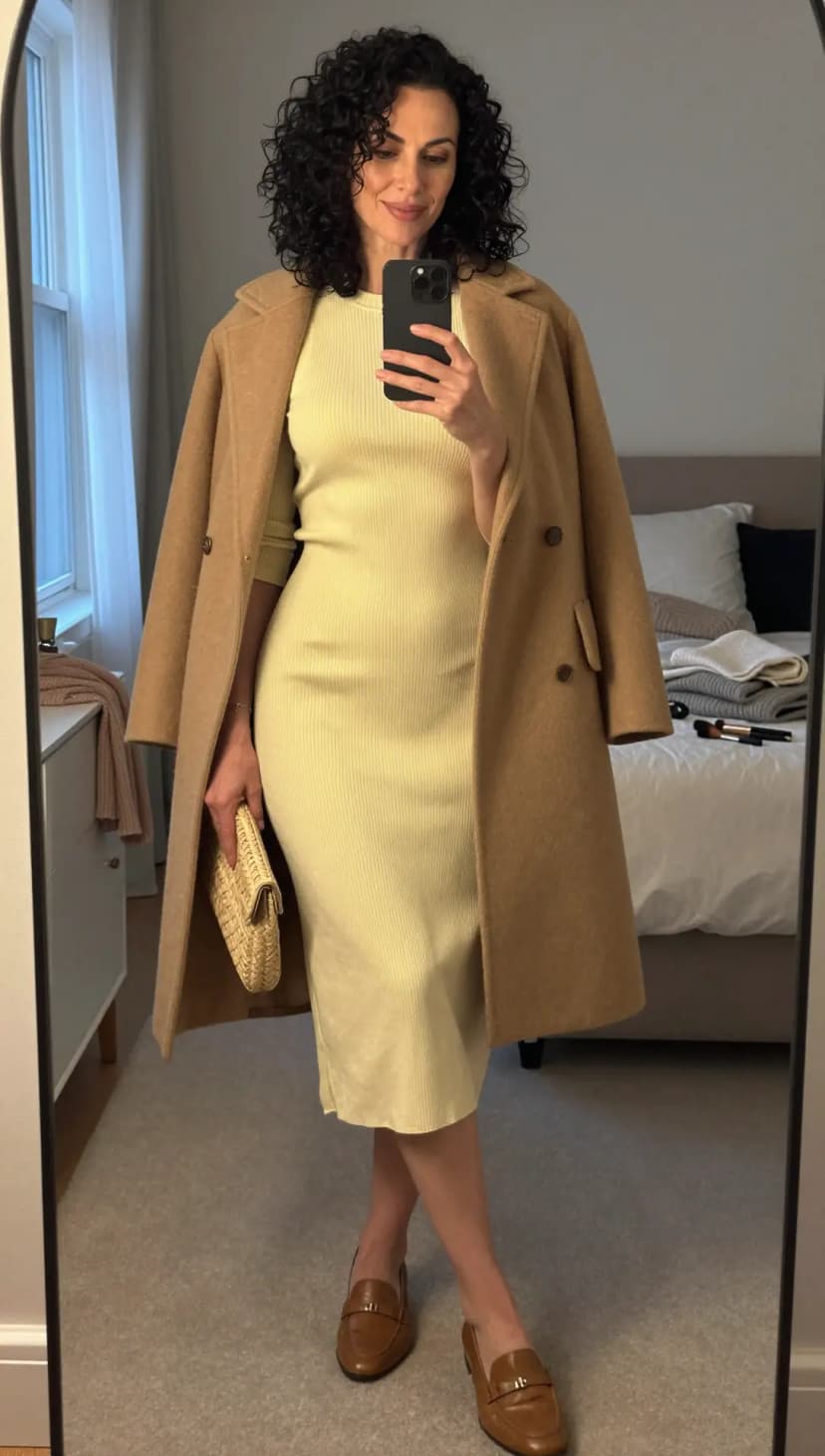 Pale Yellow Ribbed Knit Midi Dress + Camel Wool Blend Coat + Tan Leather Loafers