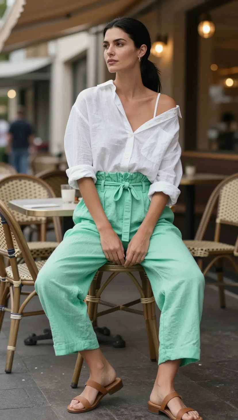 White Linen Oversized Button-Down Shirt + Mint Green Paperbag Waist Trousers + Brown Leather Slide Sandals