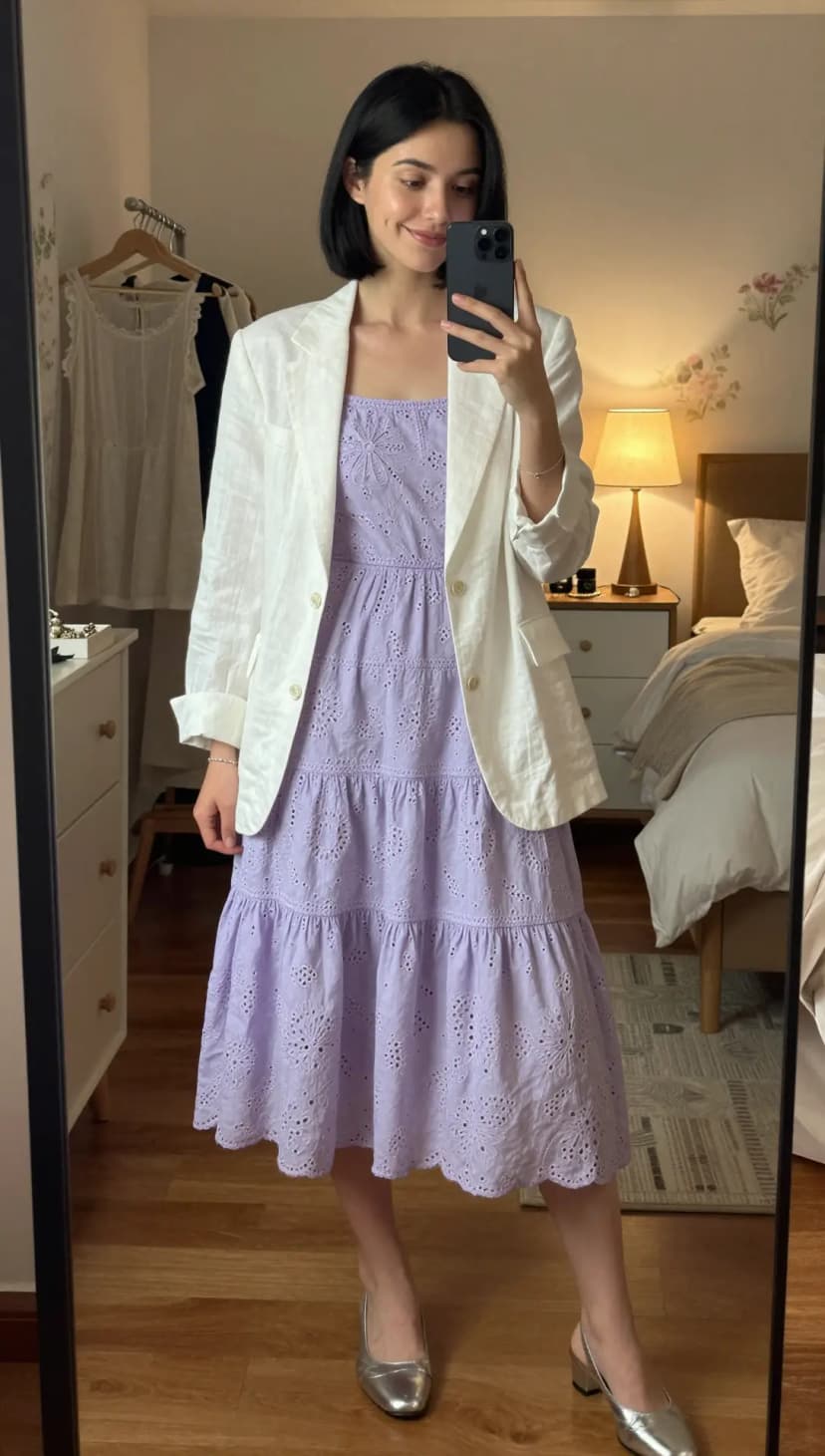White Linen Blazer + Lavender Broderie Anglaise Midi Dress + Silver Slingback Heels