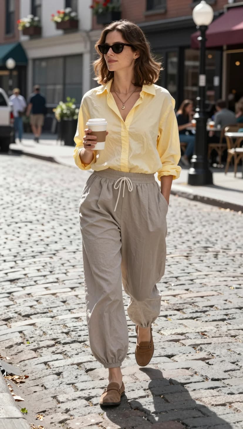 Yellow Linen Button-Up + Beige Drawstring Trousers + Brown Suede Loafers