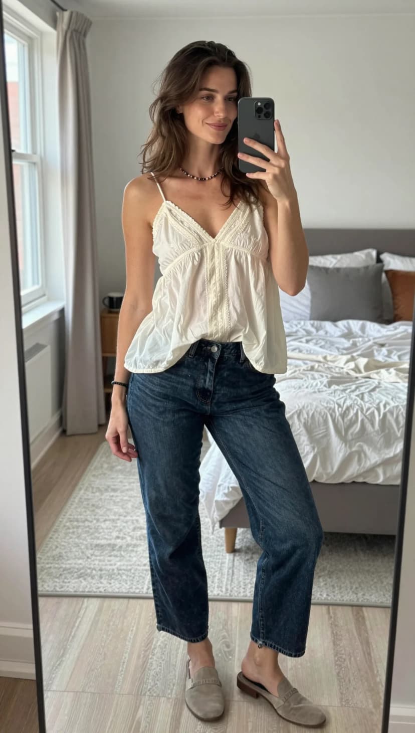 Cream Cotton Tank + Dark Wash Jeans + Taupe Suede Loafers