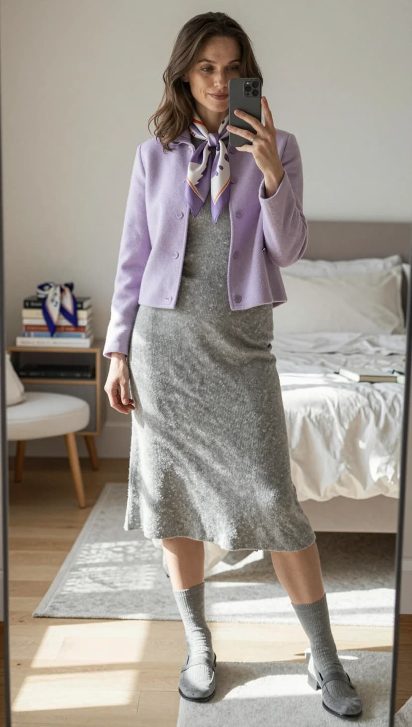Lilac Wool Cardigan + Grey Knit Dress + Grey Wool Socks + Grey Suede Loafers