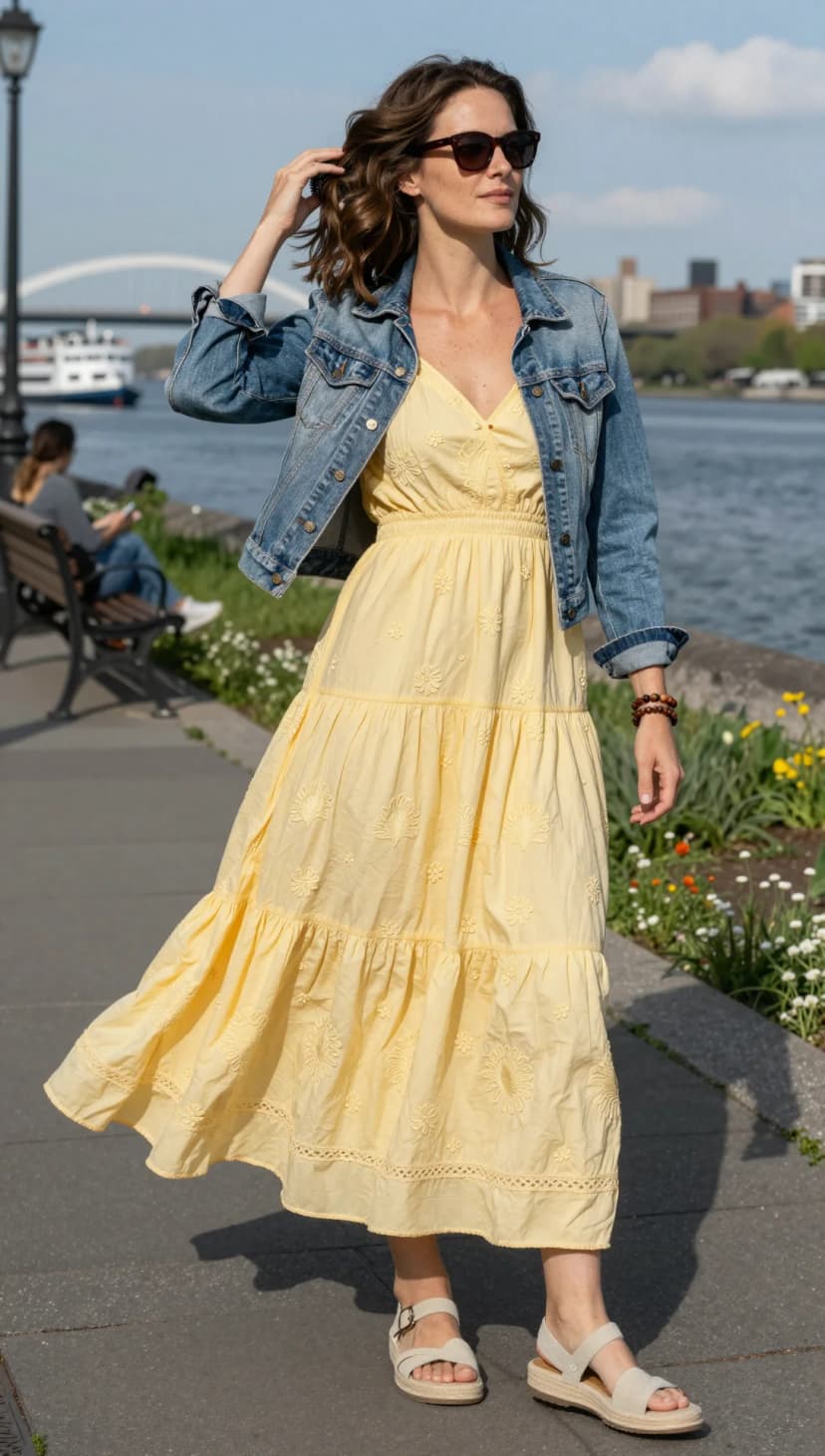 Yellow Embroidered Maxi Dress + Blue Denim Jacket + Beige Espadrille Sandals