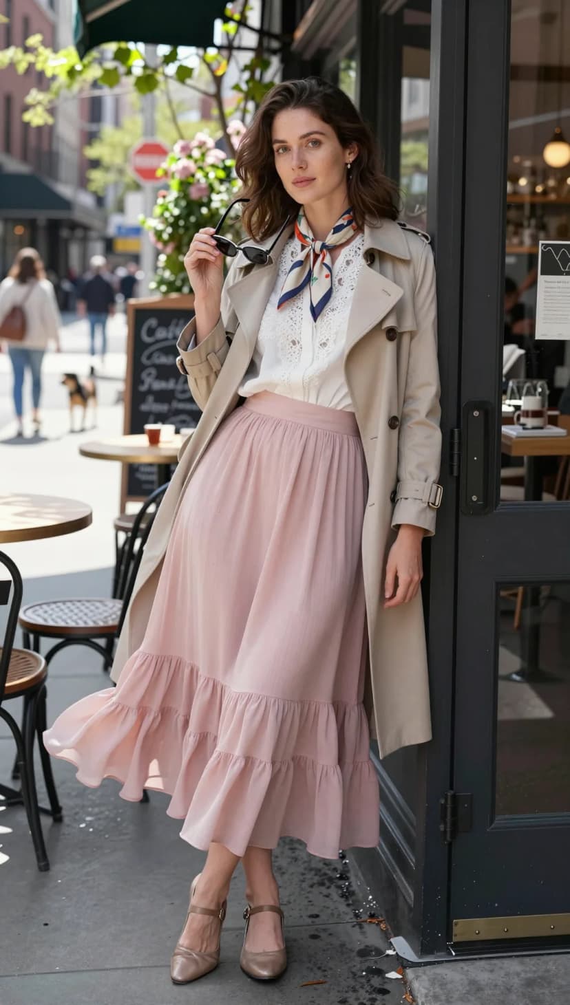 White Lace Blouse + Blush Chiffon Midi Skirt + Beige Trench Coat