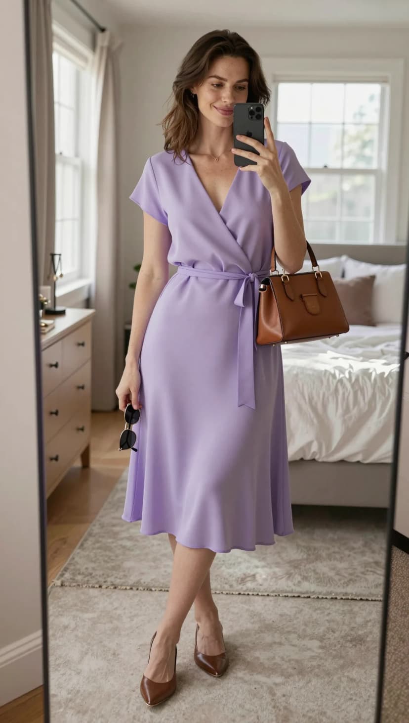Lilac Matte Jersey Wrap Dress + Cognac Leather Satchel + Brown Pointed-Toe Heels