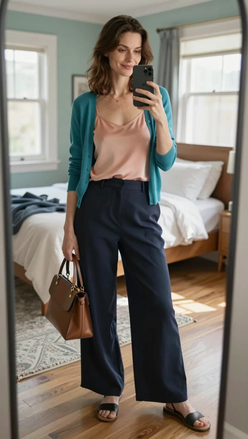 Peach Satin Camisole + Teal Cardigan + Navy Wide Leg Trousers + Black Flat Sandals