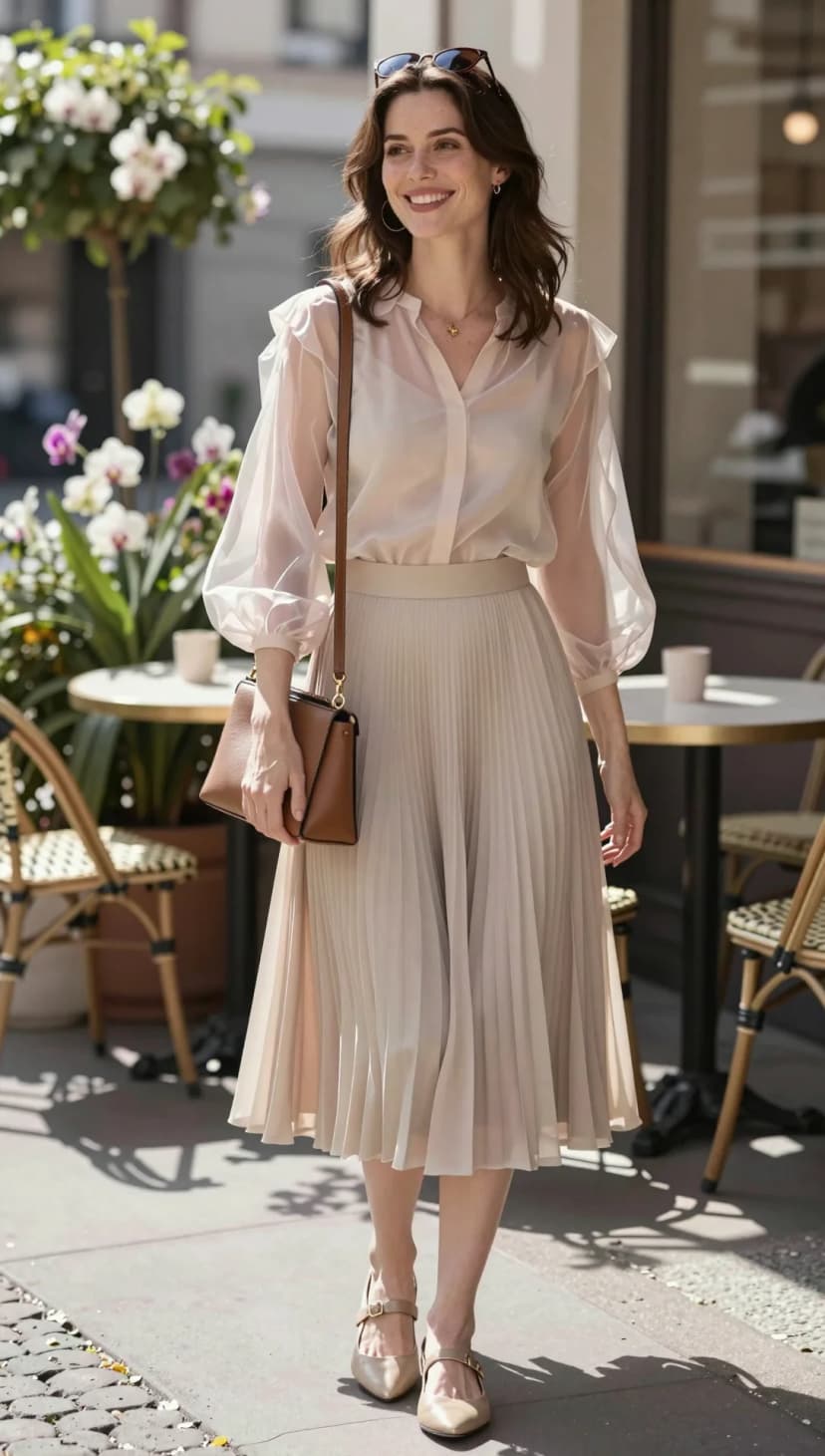 Sheer Cream Button-Down Top + Beige Pleated Midi Skirt + Nude Pointed-Toe Flats