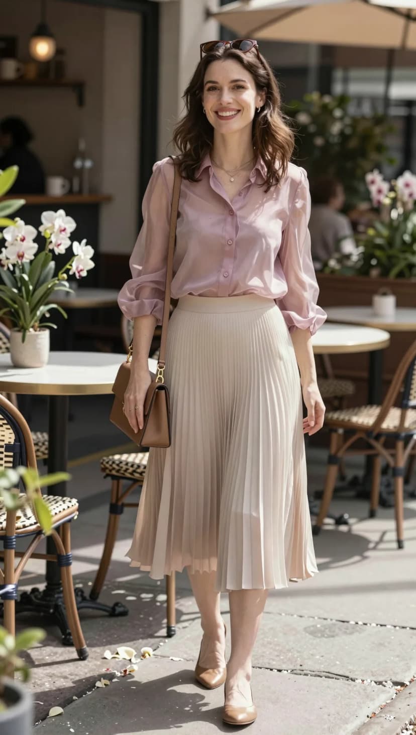 Sheer Cream Button-Down Top + Beige Pleated Midi Skirt + Nude Pointed-Toe Flats
