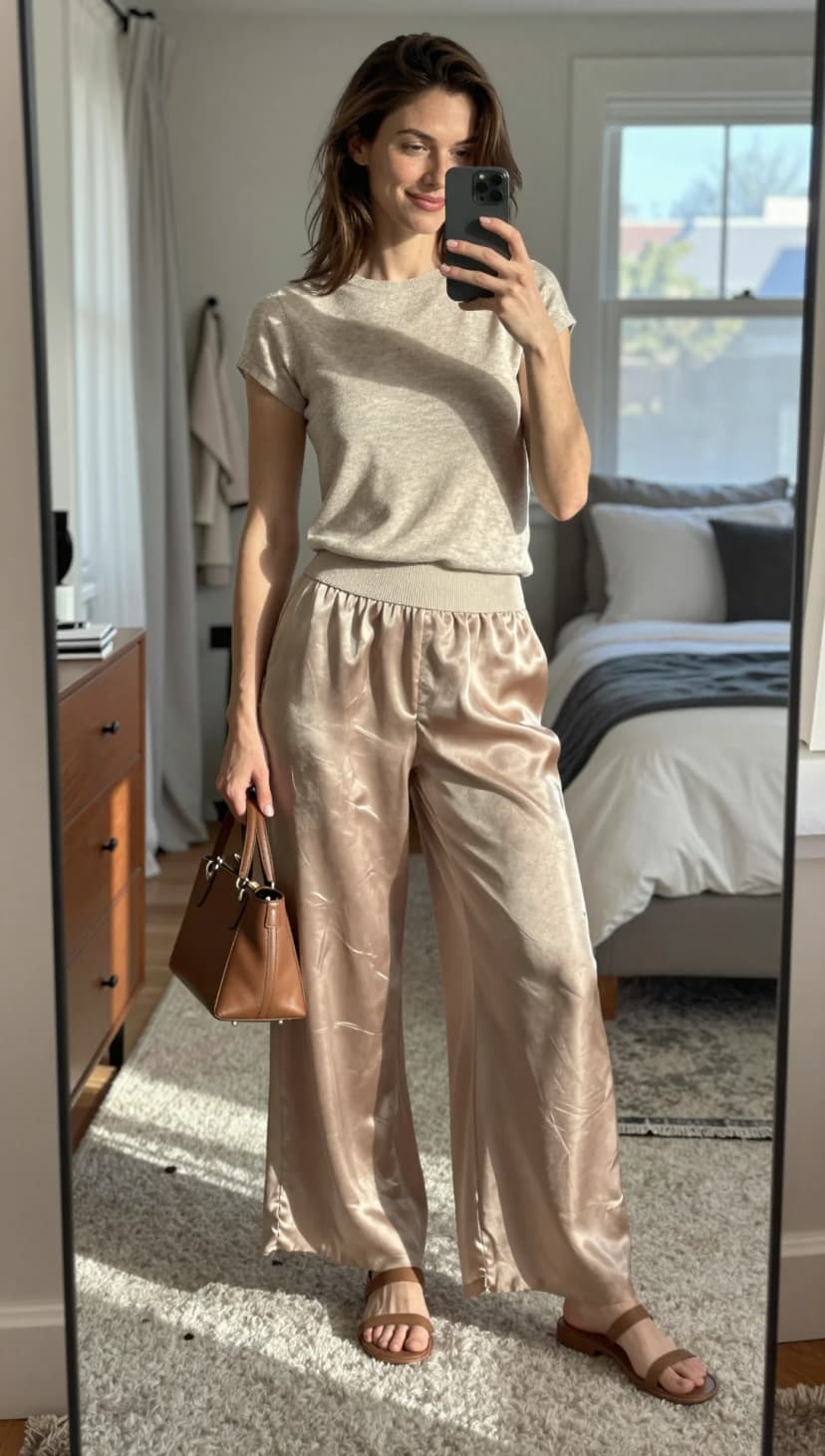 Champagne Ribbed Knit Top + Champagne Satin Wide Leg Pants + Brown Leather Slides + Brown Leather Top-Handle Bag