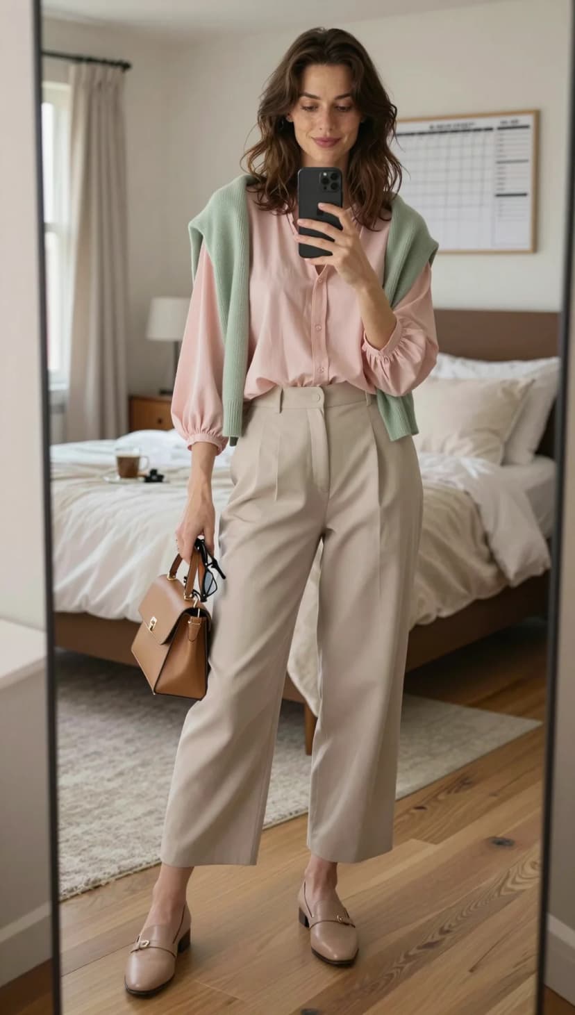 Pink Silk Blouse + Beige Wide Leg Trousers + Mint Green Cardigan + Tan Loafers
