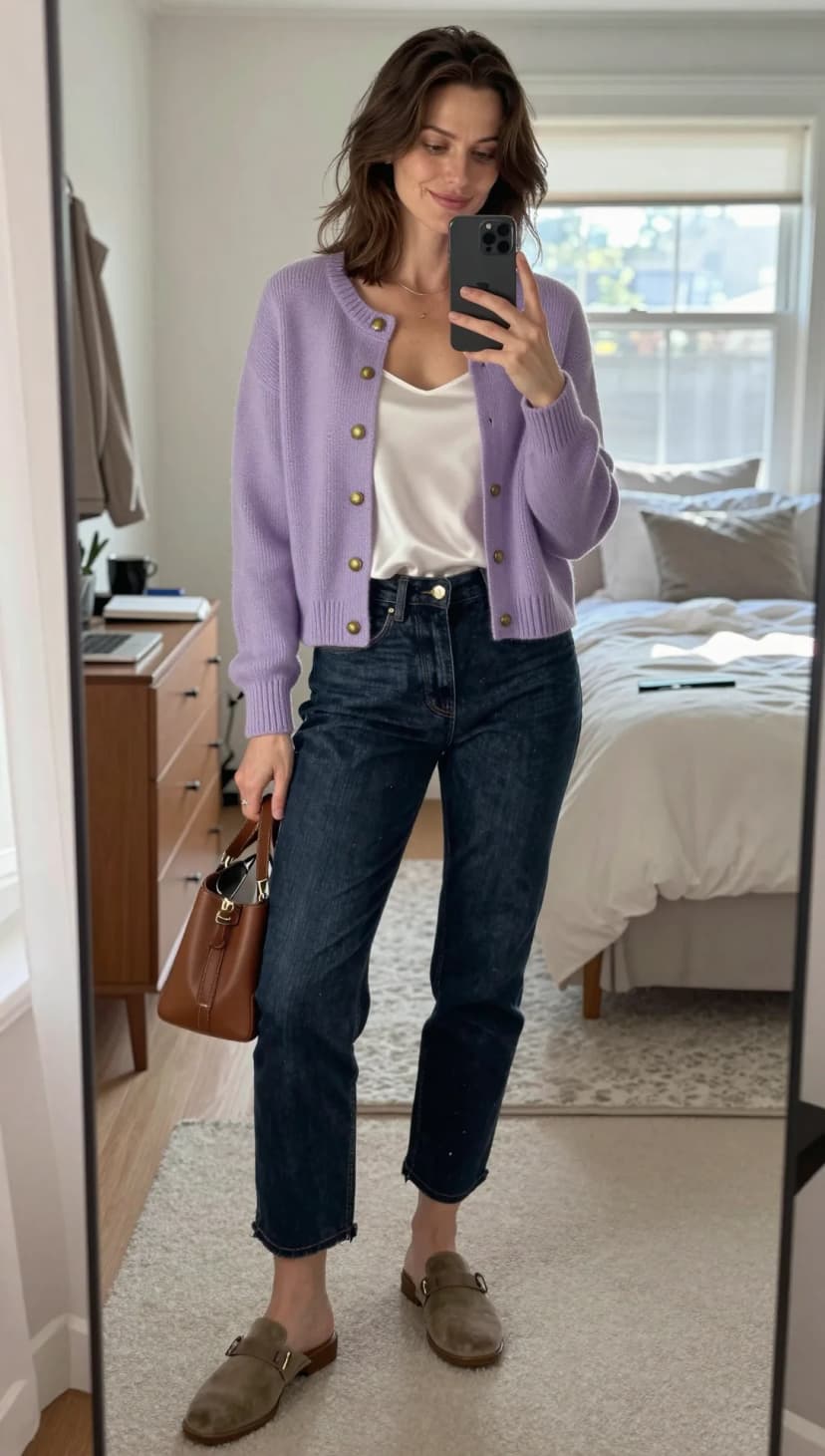 Lavender Knit Cardigan + Ivory Satin Camisole + Dark Wash Straight Leg Jeans + Tan Suede Mules
