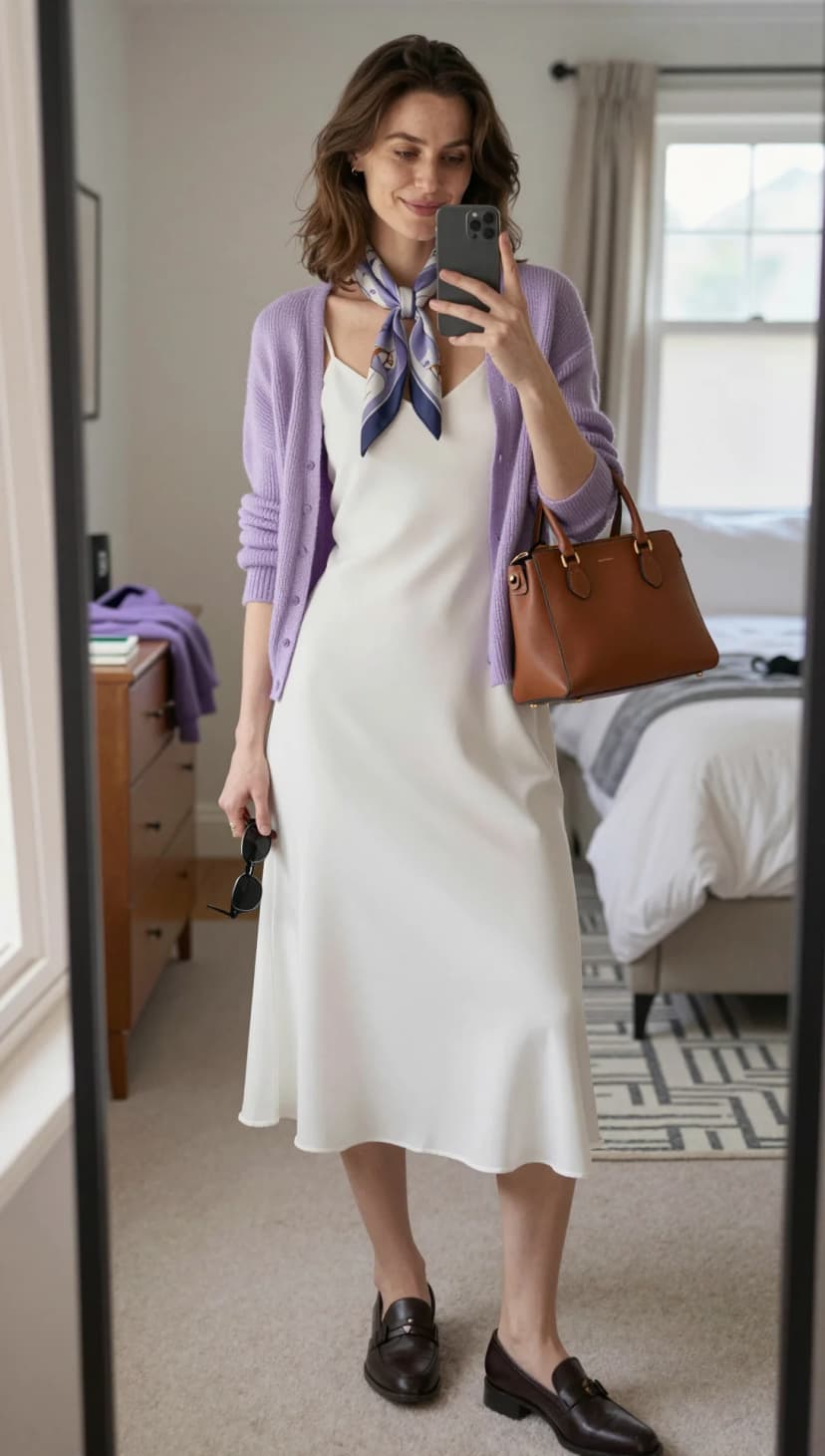 Ivory Silk Slip Dress + Lavender Ribbed Cardigan + Blue and White Silk Scarf + Brown Leather Loafers + Tan Structured Tote