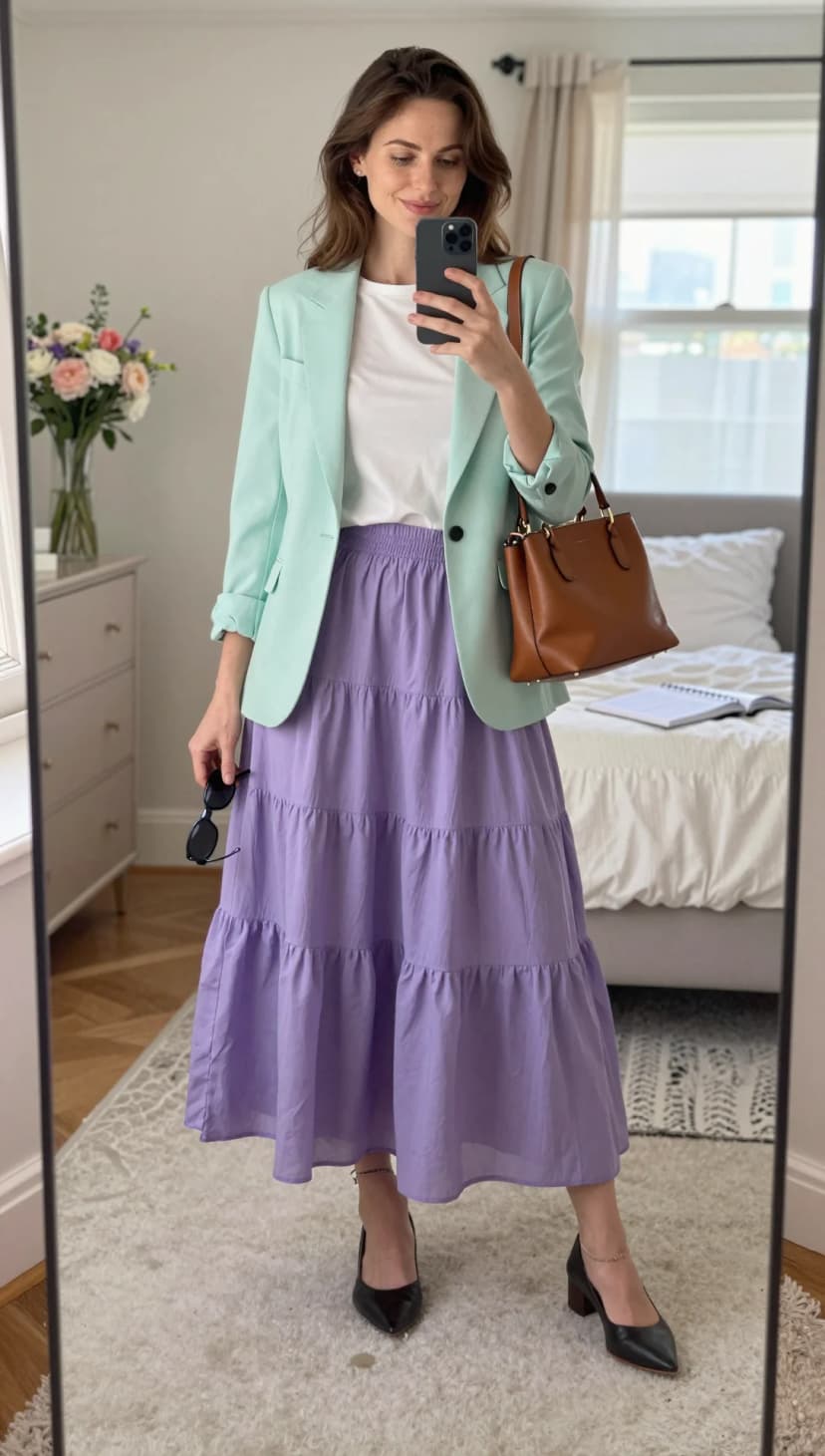 Mint Green Linen Blazer + White Cotton T-Shirt + Lavender Tiered Maxi Skirt + Black Leather Heels