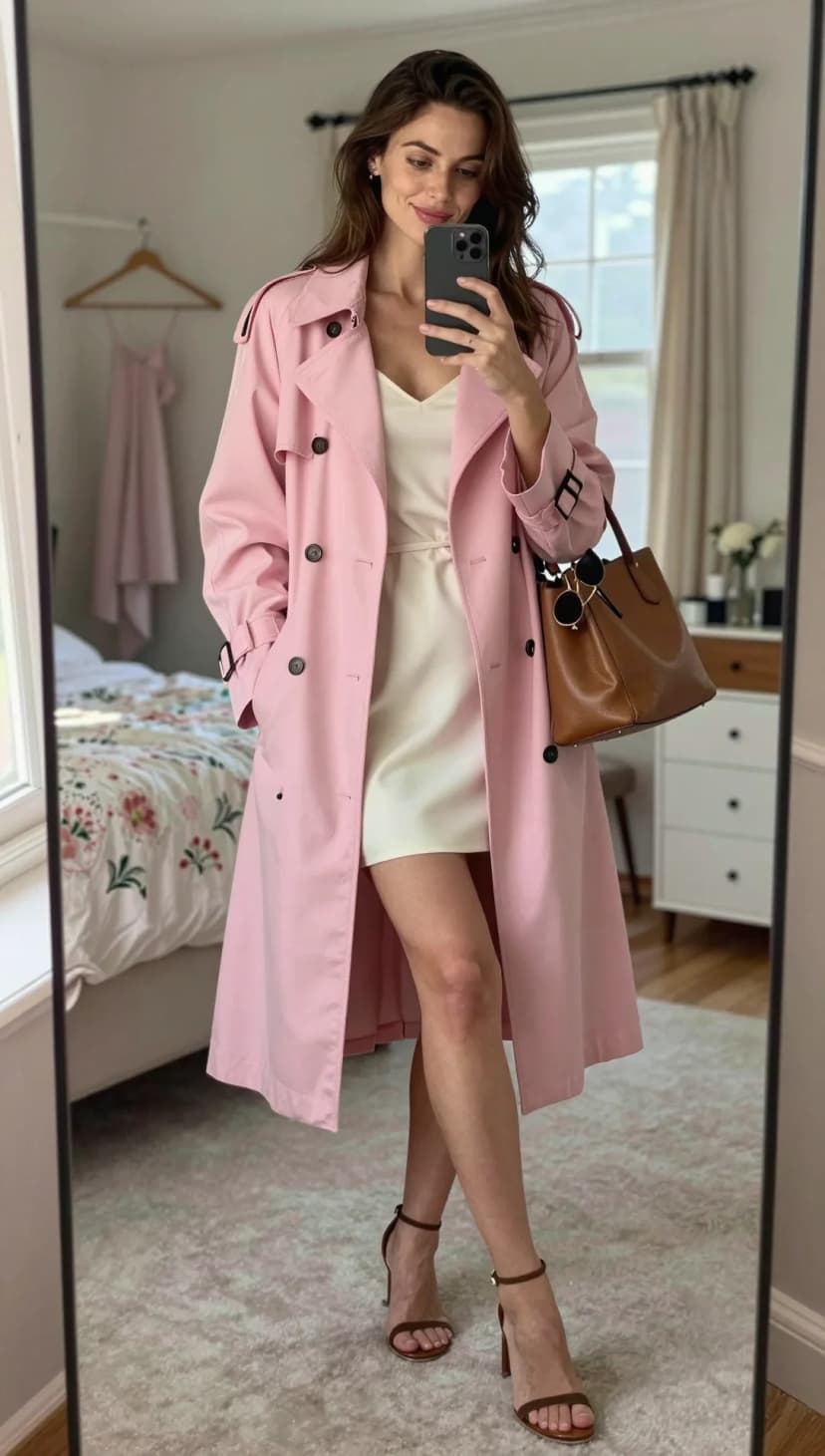 Pink Cotton Trench Coat + Ivory Satin Mini Dress + Brown Suede Ankle Strap Heels
