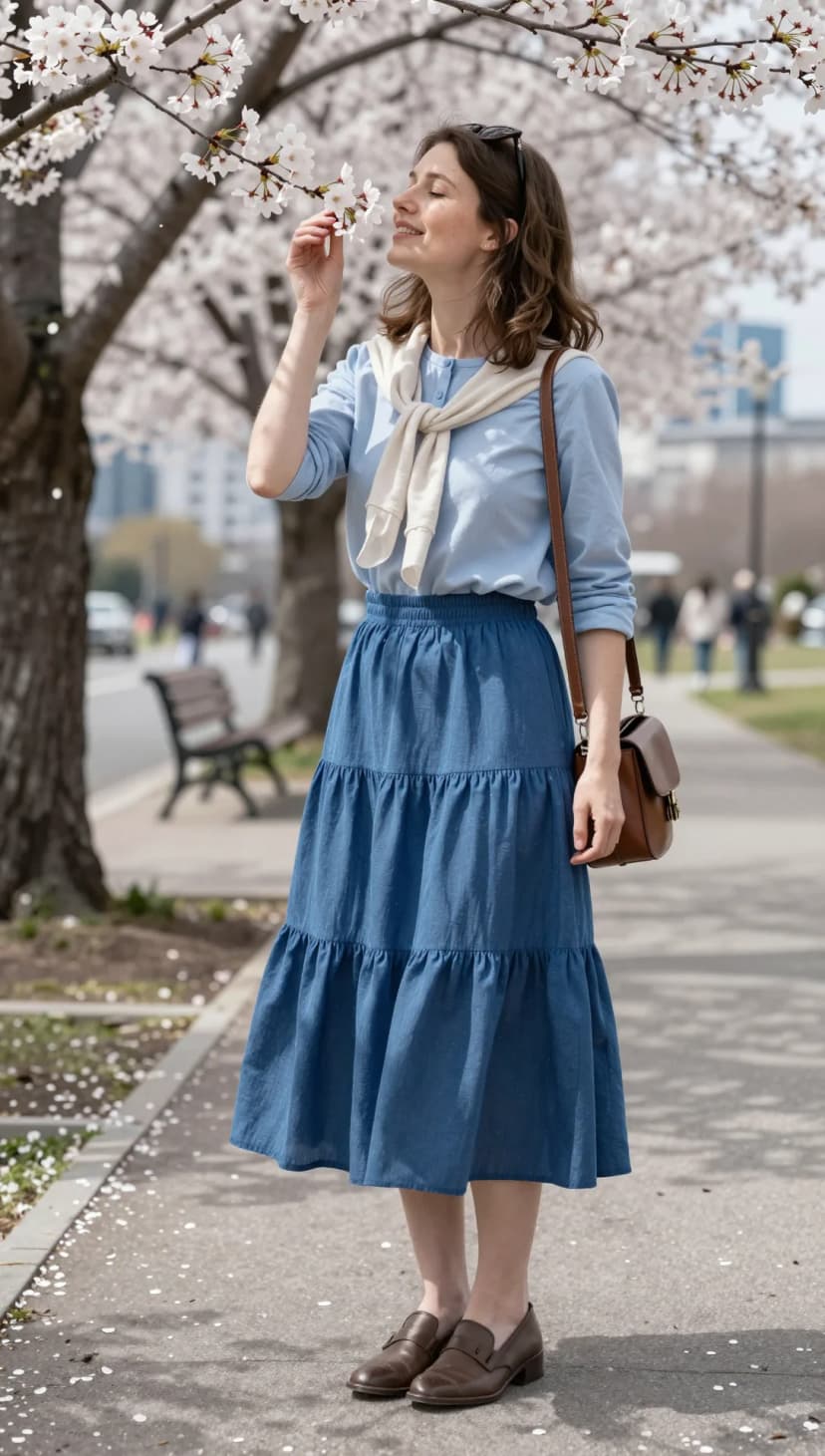 Light Blue Cotton Button-Down Shirt + Blue Denim Tiered Midi Skirt + Cream Cotton Sweater + Brown Leather Loafers